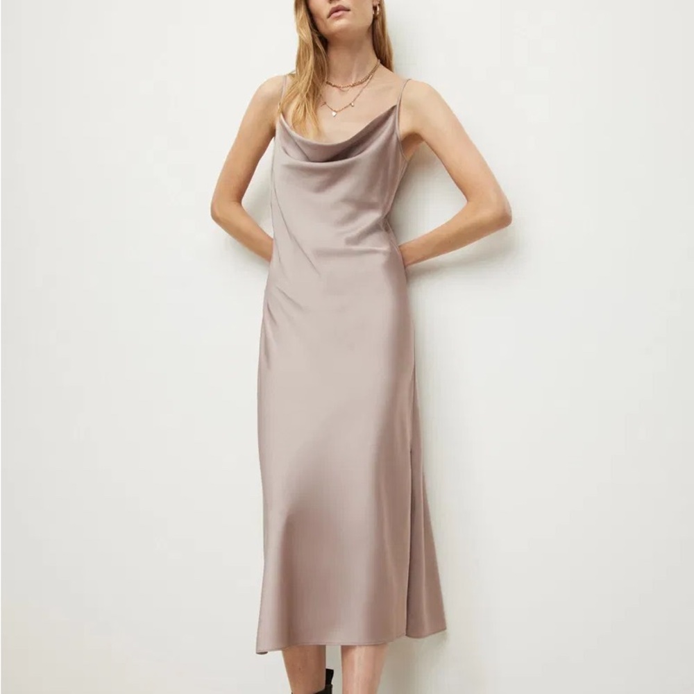 NTW - All Saints Satin Cowl Neck Hadley Dress in Dusty Pink